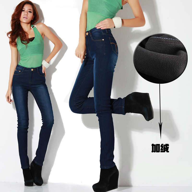 Autumn and winter fashion plus velvet thickening jeans plus size slim women's thermal long trousers Free Shipping!