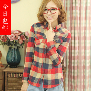 Autumn and winter fashion preppy style plus size thickening 100% cotton plaid shirt Women long-sleeve slim basic shirt