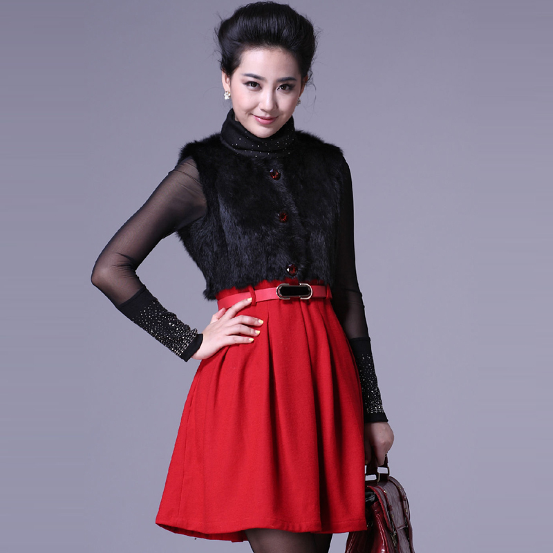 Autumn and winter fashion rabbit fur luxury tank dress leather cape hare wool woolen one-piece dress d29