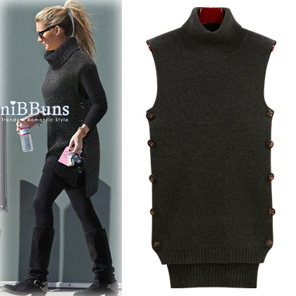 Autumn and winter fashion vintage personality sidepiece button turtleneck sweater slim low-high woven vest female