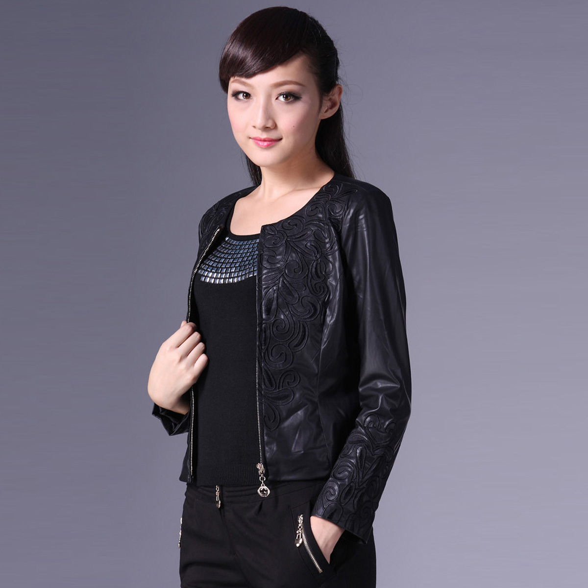 Autumn and winter fashionable casual all-match slim top outerwear leather clothing quality - refined version