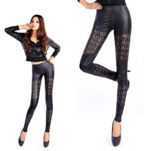 Autumn and winter faux leather legging petals cutout ankle length normic sexy trousers fashion slim trousers
