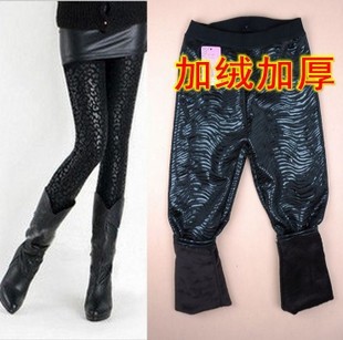 Autumn and winter faux leather pants doodle thermal print leopard print plus velvet thickening ankle length legging