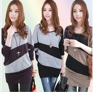 Autumn and winter female Hitz XL personality oblique stripes in long, loose bat-like shirt long sleeve T-shirt skirt A39