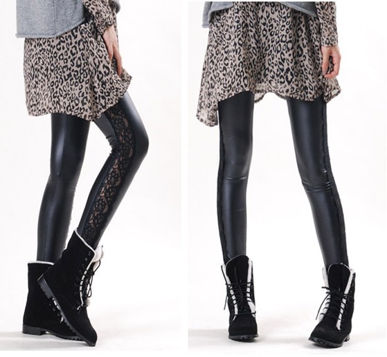 Autumn and winter female leather pants casual sidepiece lace faux leather patchwork excellent ankle length trousers legging