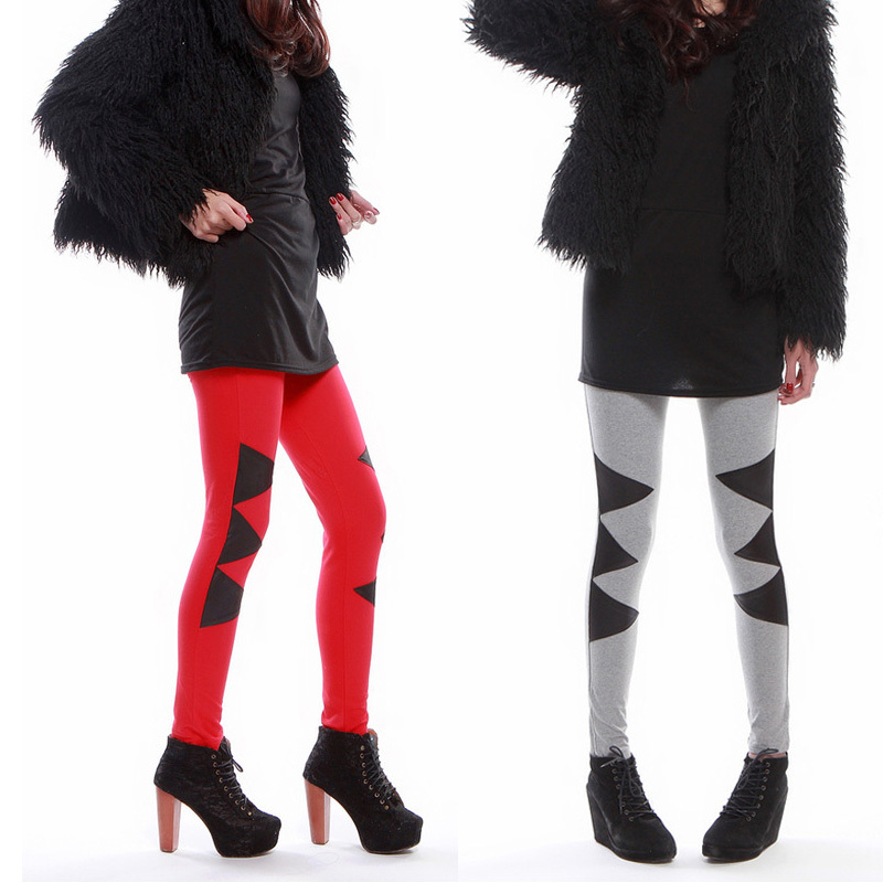 Autumn and winter female legging faux leather pants grey knee legging patchwork female summer ankle length legging