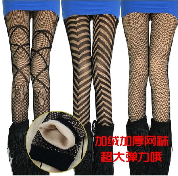 Autumn and winter female meat fishnet stockings legging thickening warm pants double layer flower cutout sexy stockings boot cut