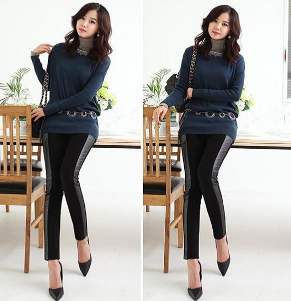 Autumn and winter female personality faux leather patchwork thermal elastic tight legging