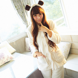 Autumn and winter female super soft thickening long-sleeve coral fleece sleepwear female white lounge set