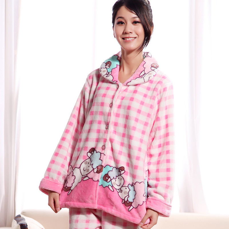 Autumn and winter flannel coral fleece plaid small sheep thickening long-sleeve set lounge