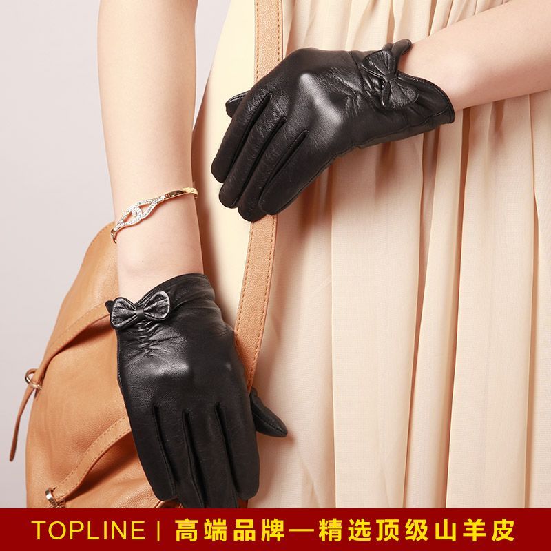 Autumn and winter genuine leather suede women's gloves black bow thermal short design