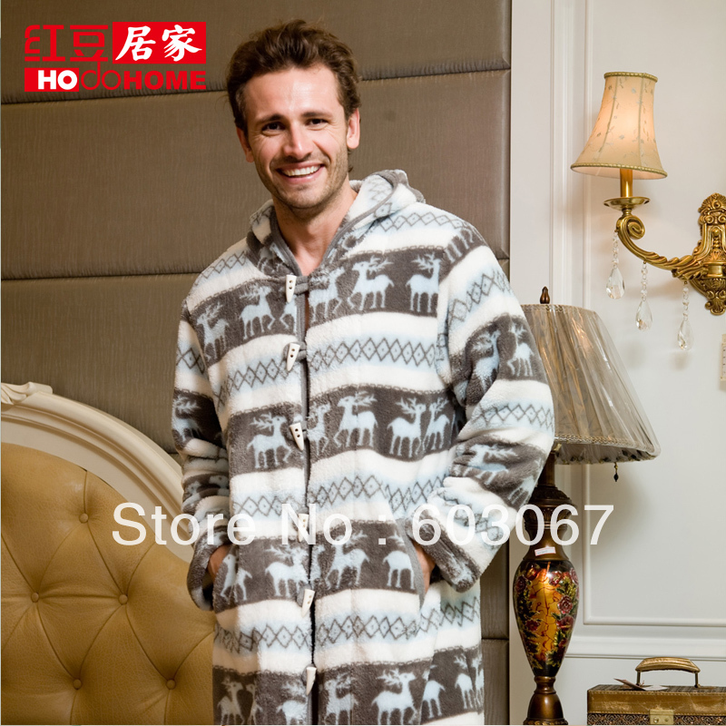 Autumn and winter globalsources at home service coral fleece bathrobe print lounge lovers design with a hood robe