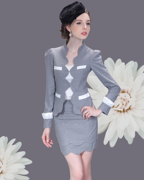 Autumn and winter grey barege petals ol elegant slim women's set professional set