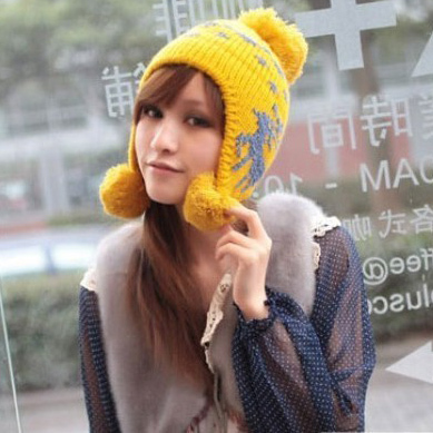 Autumn and winter hat ear hair bulb women's thermal knitted hat of a dunkin handmade knitted hat