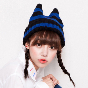 Autumn and winter hat male women's stripe devil horn knitted hat cat ears knitted hat