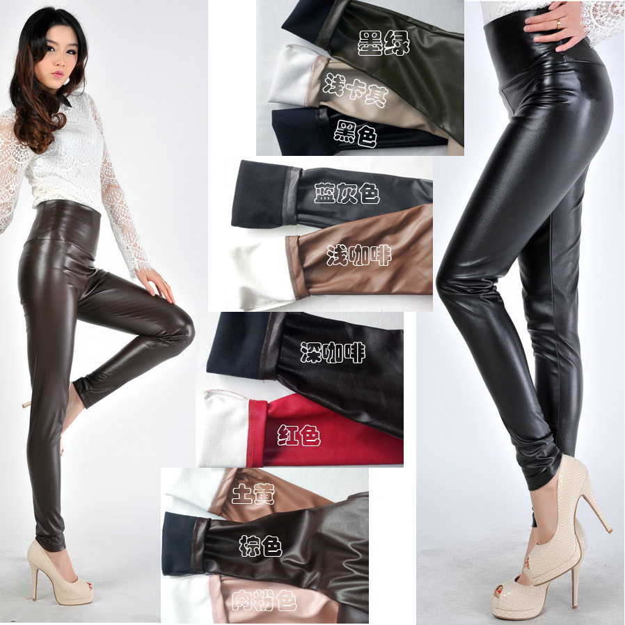 Autumn and winter high waist tight PU plus velvet faux leather legging