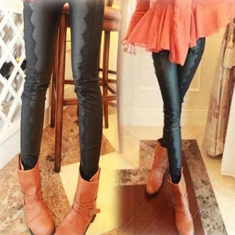 Autumn and winter lace tight all-match PU faux leather pants patchwork leather pants legging trousers female