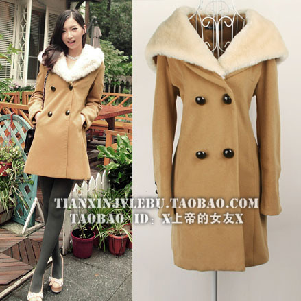 Autumn and winter ladies female soft large fur collar double breasted shitsuke long design trench cashmere wool coat outerwear