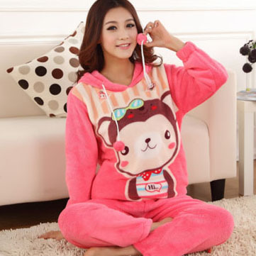 Autumn and winter large Women cartoon thickening coral fleece sleep set with a hood lounge