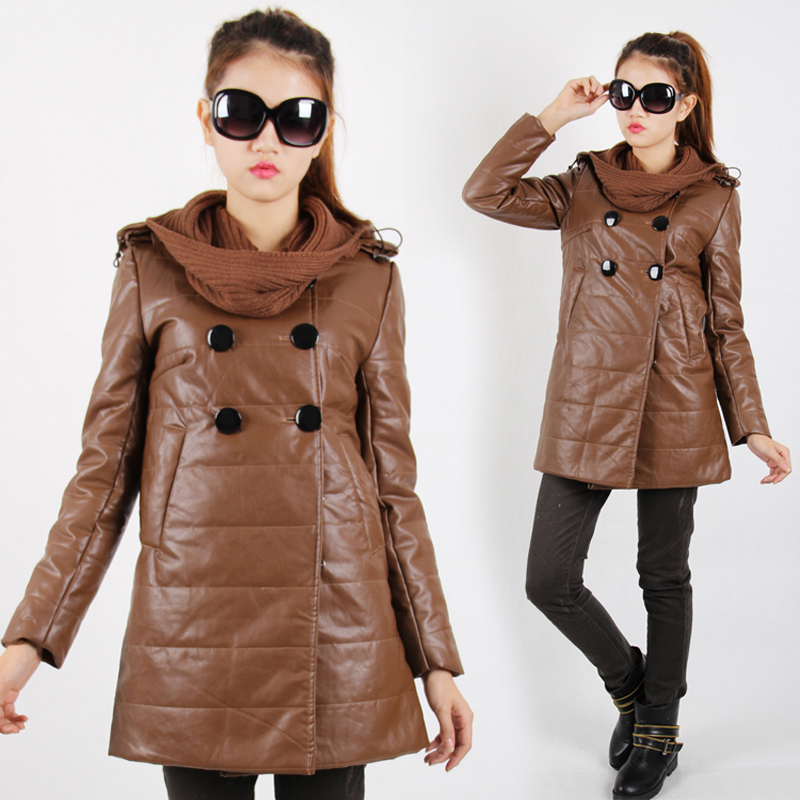 Autumn and winter long design thickening PU belt muffler scarf with a hood female thickening outerwear