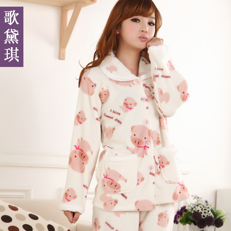 Autumn and winter long-sleeve coral fleece sleepwear women's cartoon lounge set
