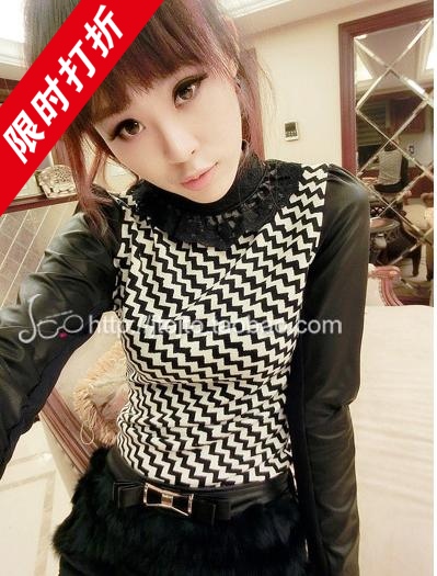 Autumn and winter long-sleeve dress 2012 patchwork faux leather lace elegant sweet stand collar slim long design t