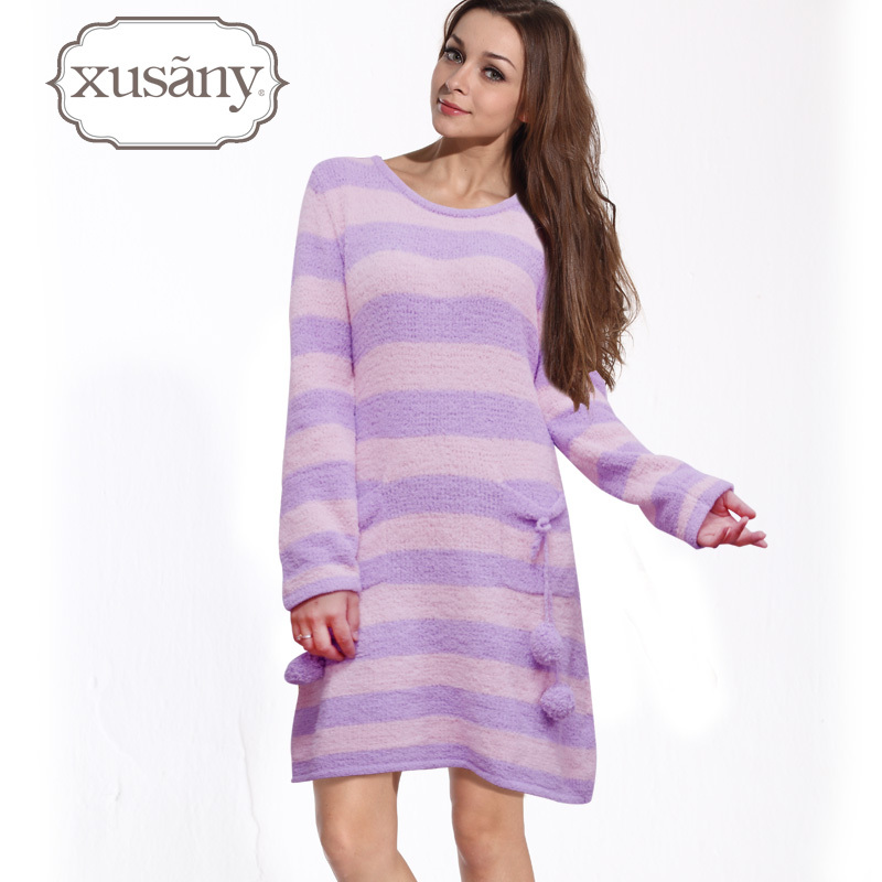 Autumn and winter long-sleeve stripe female nightgown advanced feather yarn breathable wool knitted coral fleece lounge