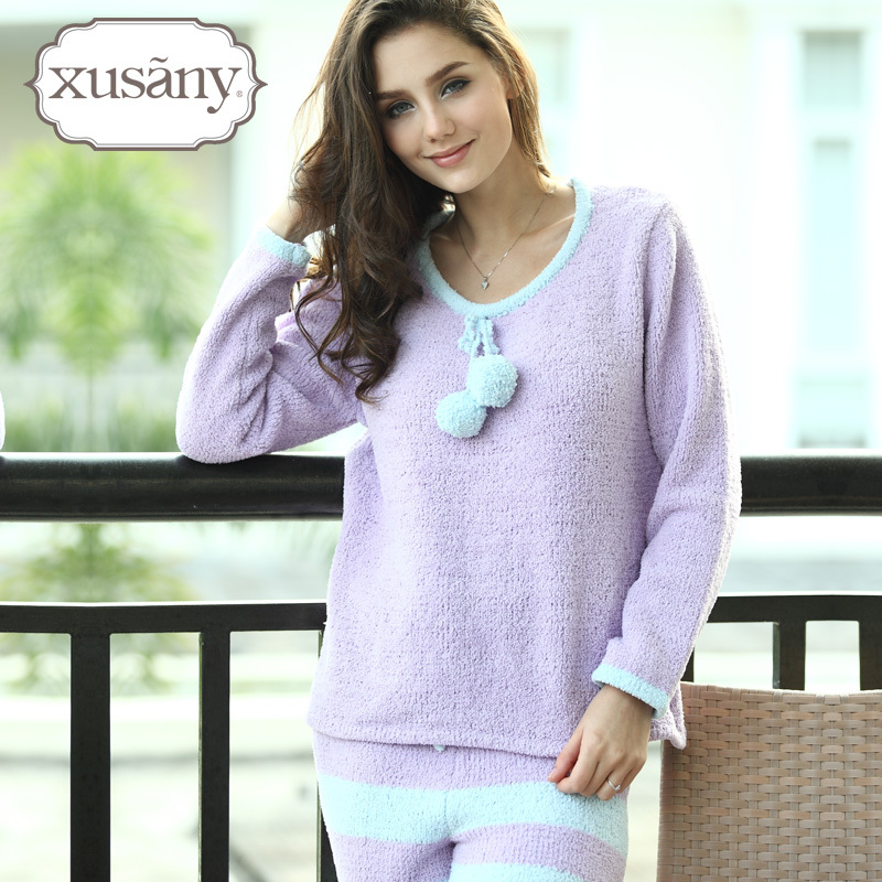 Autumn and winter long-sleeve stripe female sleep set thickening coral fleece wool knitted feather velvet lounge