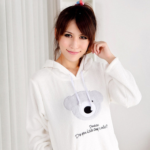 Autumn and winter long-sleeve with a hood pure bear thickening coral fleece sleepwear Women set home