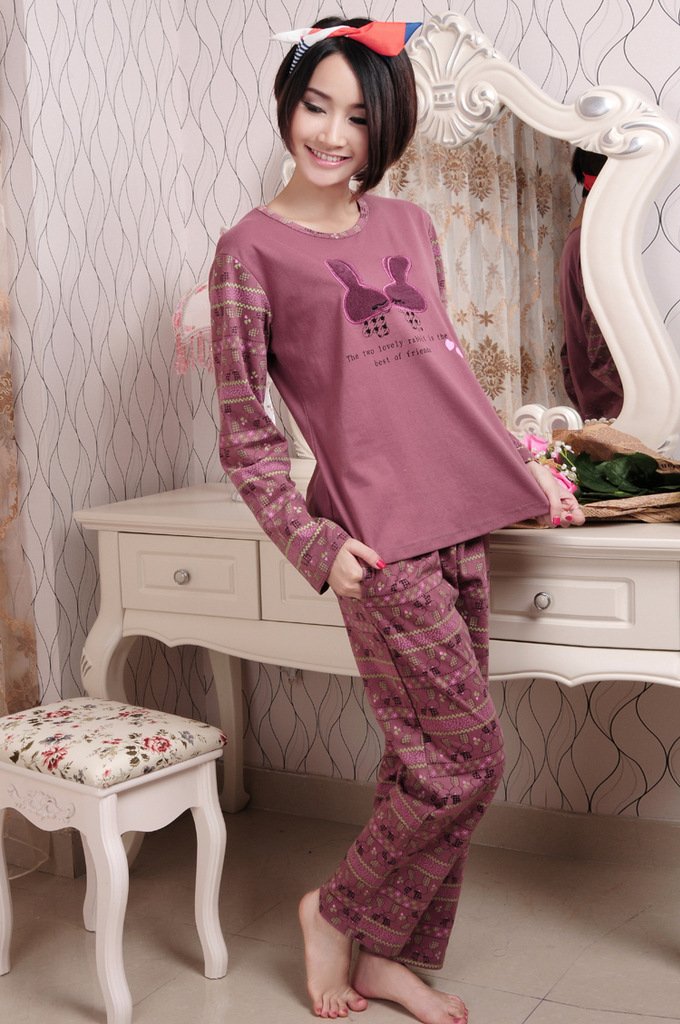Autumn and winter  long-sleeved cute mini rabbit cartoon  pajamas for women  /Purple Cotton women pajamas