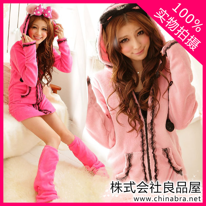 Autumn and winter lounge coral fleece lace robe nightgown women's bathrobes sleepwear cuish twinset