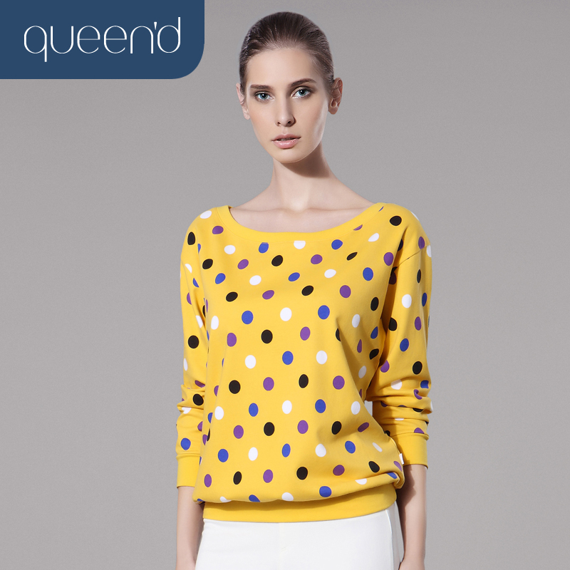 Autumn and winter lounge sleepwear brief fashion cotton polka dot slit neckline long-sleeve T-shirt top