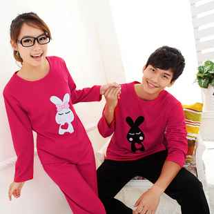 Autumn and winter lovers long-sleeve knitted 100% cotton quality cartoon black and white rabbit lovers set sleepwear
