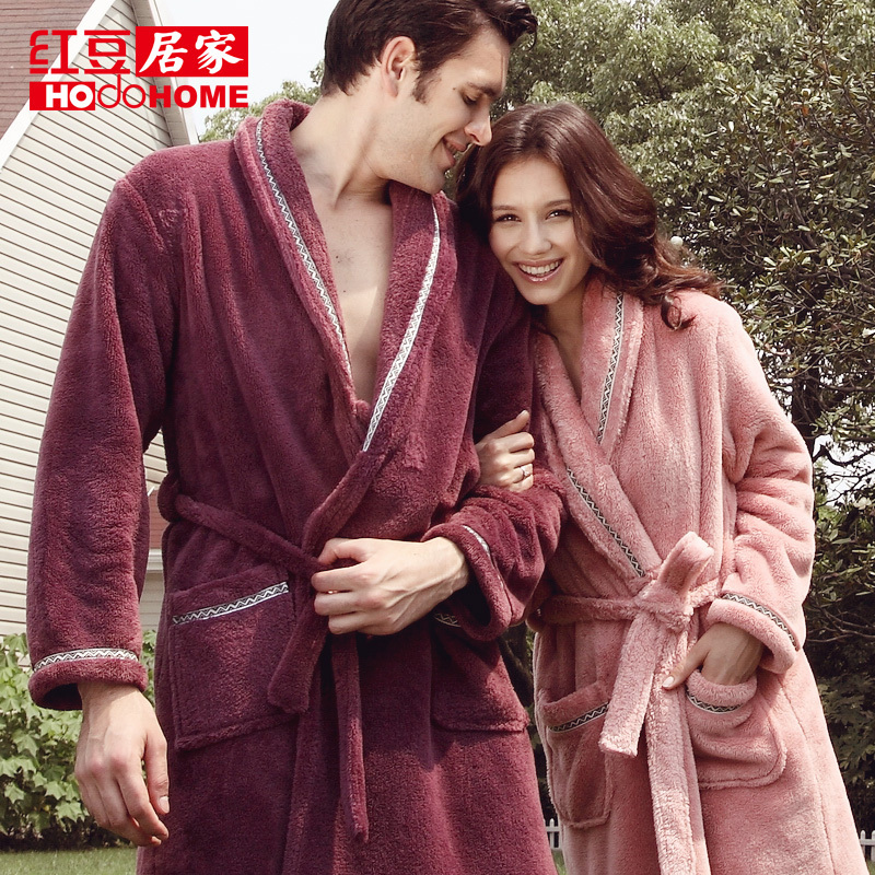 Autumn and winter lovers robe globalsources at home male women's embroidery solid color thermal coral fleece bathrobe lounge 1