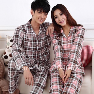 Autumn and winter lovers sleepwear comfortable knitted cotton long-sleeve plaid  free shipping
