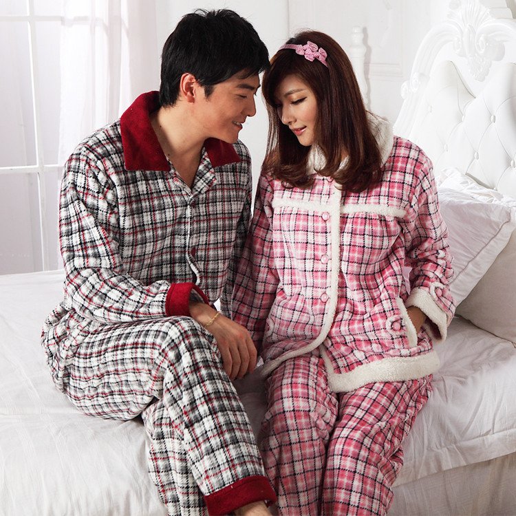 Autumn and winter lovers sleepwear coral fleece lovers lounge lovers set stripe plaid turn-down collar