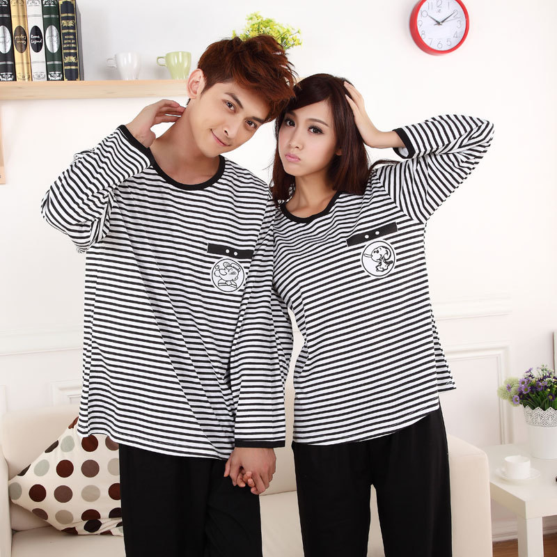 Autumn and winter lovers sleepwear long-sleeve knitted cotton stripe sleep set lounge
