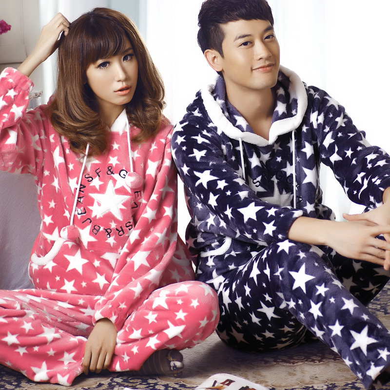 Autumn and winter lovers sleepwear long-sleeve set lounge sleepwear pullover lovers coral fleece sleep set