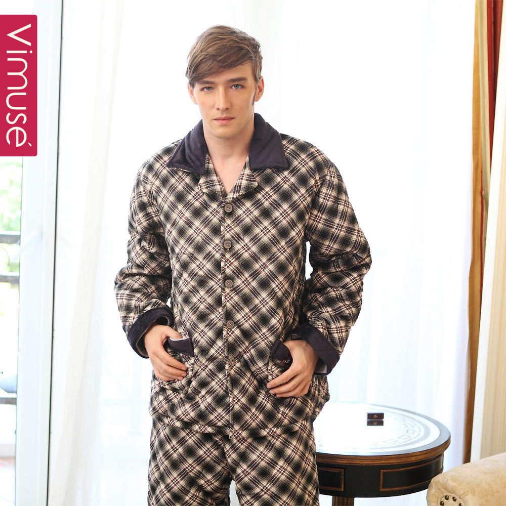 Autumn and winter male coral fleece cotton-padded sleepwear twinset winter Men plaid thickening long-sleeve lounge