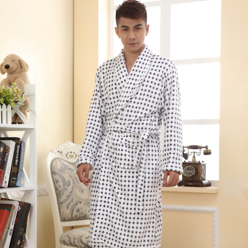 Autumn and winter male long-sleeve sleepwear lounge small square grid coral fleece male robe 06