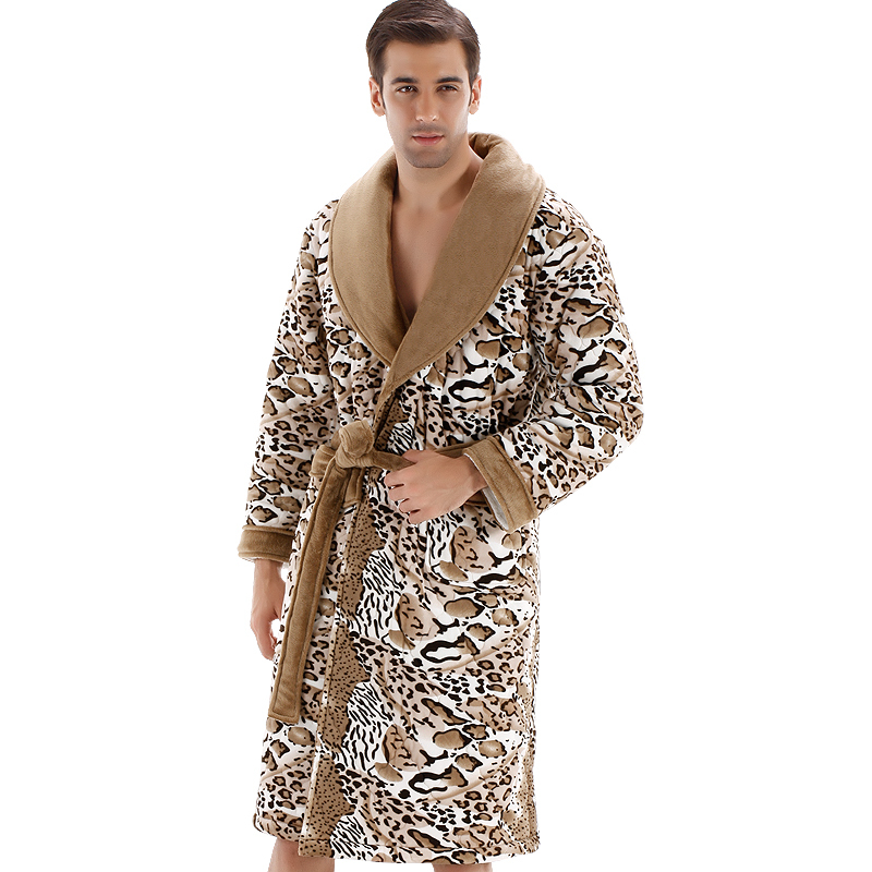 Autumn and winter male sleepwear coral fleece thickening thermal leopard print lovers robe lounge 0116