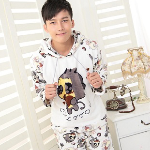 Autumn and winter male sleepwear Men casual cartoon long-sleeve sleepwear male thickening coral fleece sleepwear lounge set