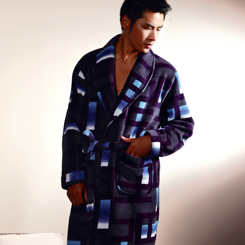 Autumn and winter male sleepwear thickening lengthen coral fleece long-sleeve male robe