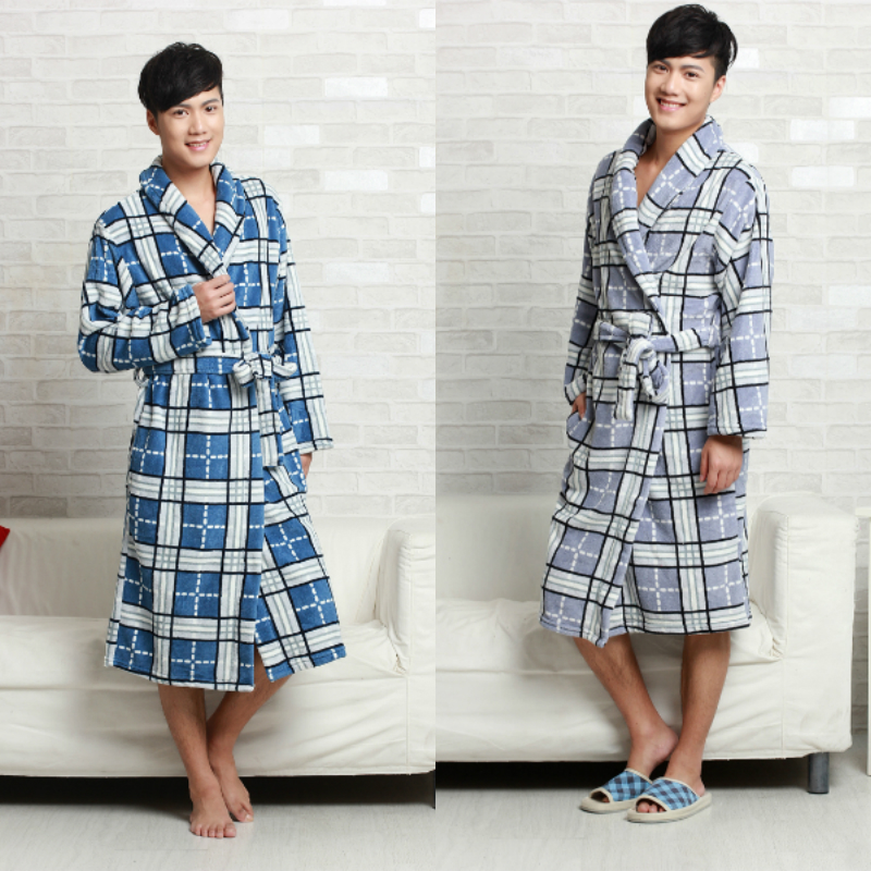Autumn and winter male thickening ultra soft coral fleece bathrobe robe bathrobe lounge sleepwear grey blue plaid pattern