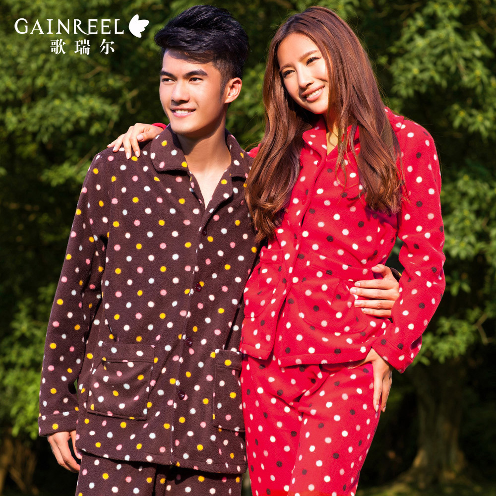 Autumn and winter male women's married sleepwear song arrail polar fleece fabric dot lovers long-sleeve lounge set