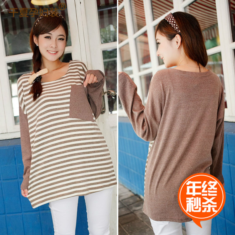 Autumn and winter maternity clothing clothes loose stripe knitted batwing sleeve long-sleeve T-shirt