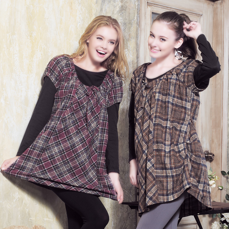 Autumn and winter maternity clothing loose fashion plaid twinset maternity top