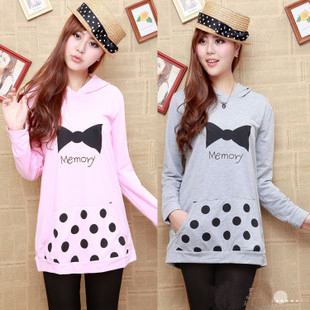 Autumn and winter maternity clothing top bow print long design maternity sweatshirt adjustable