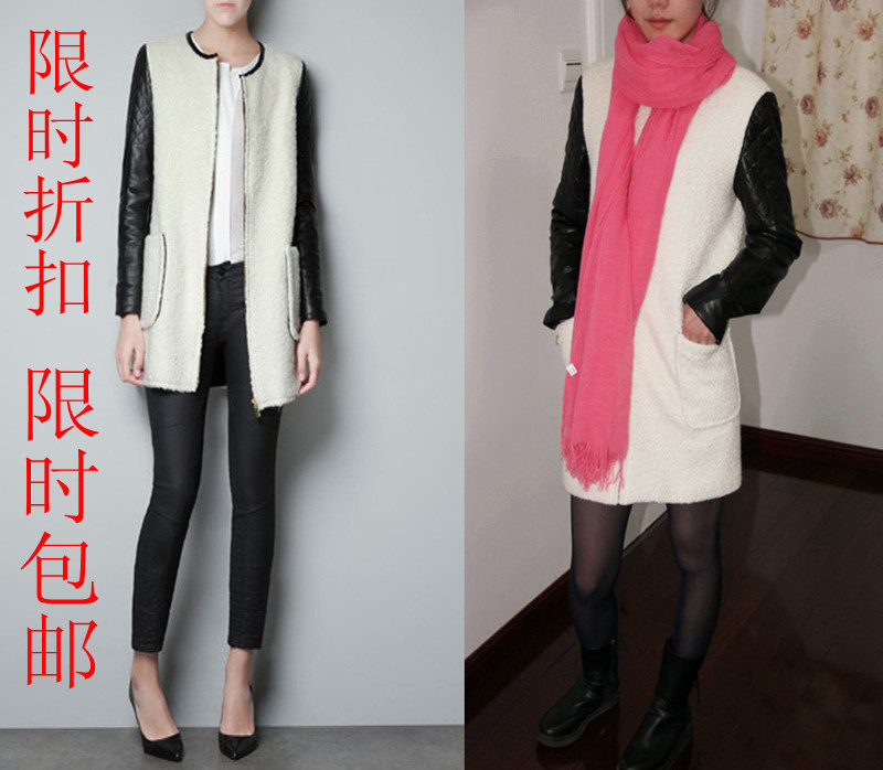 Autumn and winter medium-long o-neck white leather patchwork thickening woolen outerwear plus size clothing overcoat customize