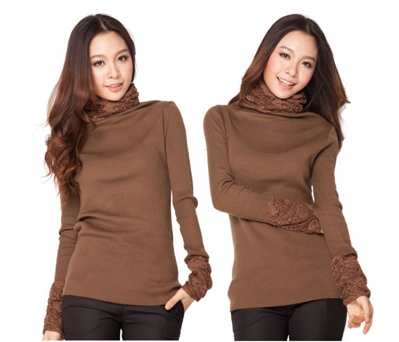 Autumn and winter medium-long sweater turtleneck women's gentlewomen lace heap turtleneck slim basic sweater (WC005)